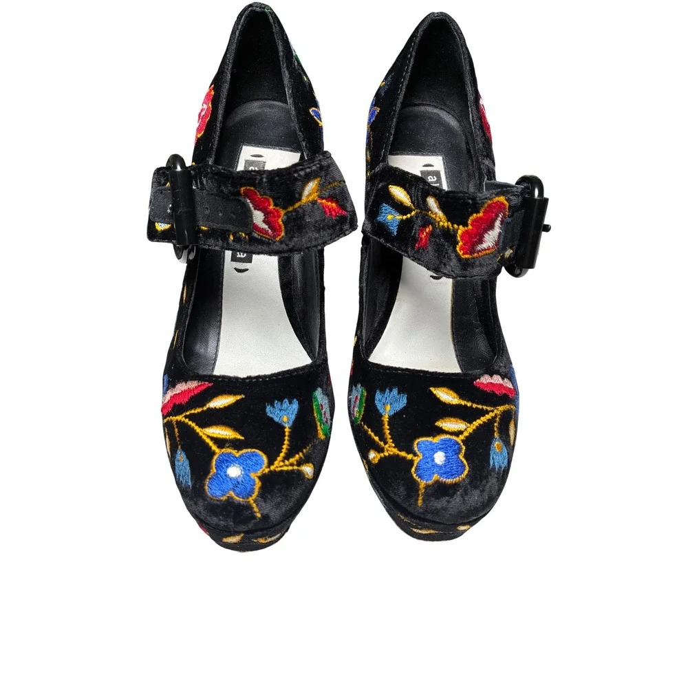 Alice + Olivia Embroidered Velvet Platform Mary Jane Block Heel Pumps EU 37 US 7